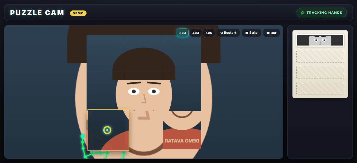Puzzle Cam mid-solve — a face puzzle with the tracked-hand skeleton and gold pinch cursor