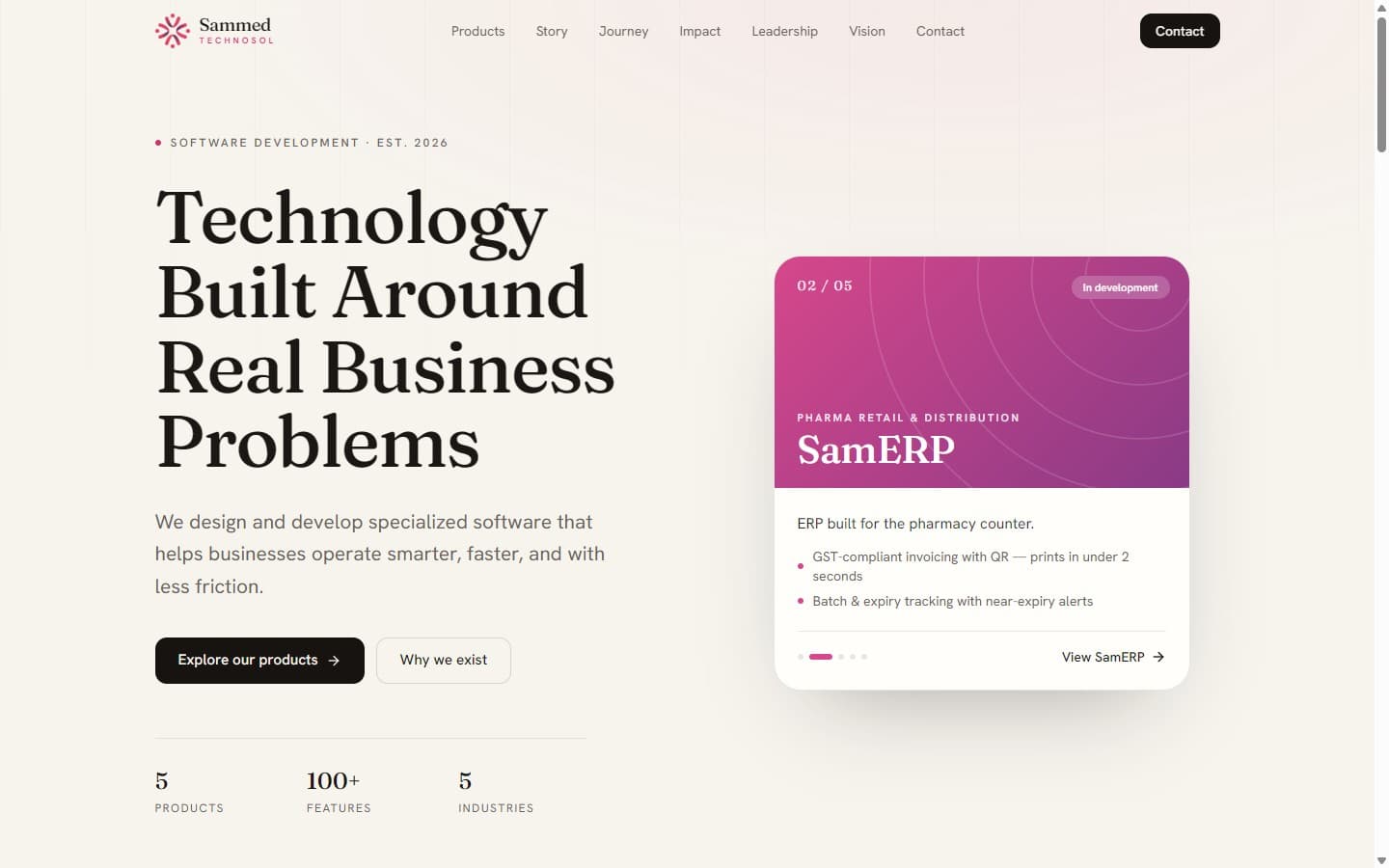 Sammed Technosol homepage hero — “Technology Built Around Real Business Problems”